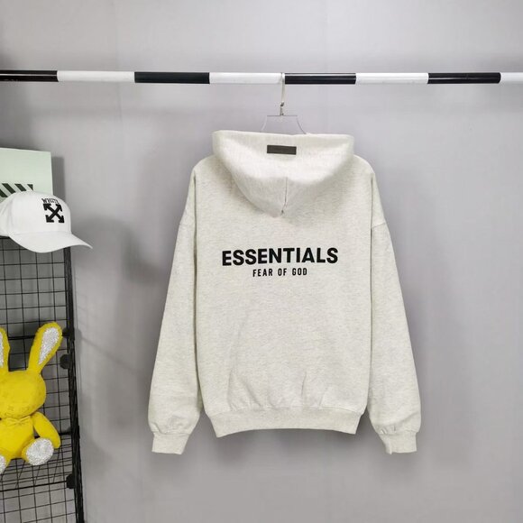 Fear of God Essentials SS22 Light Oatmeal Logo Flocked Hooded Sweatshirt for Men - Picture 2 of 9